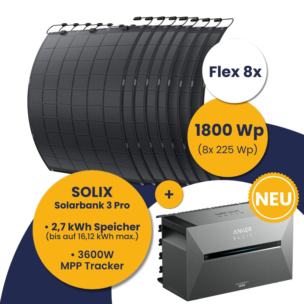 Anker Solarbank 3 E2700 Pro und Kleines Kraftwerk Flex 4x - 8x Komplettpaket (900 Wp - 1800 Wp)